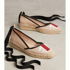 Anthropologie BIBI LOU Canvas Beaded Ankle Tie Ribbon Espadrille Shoes